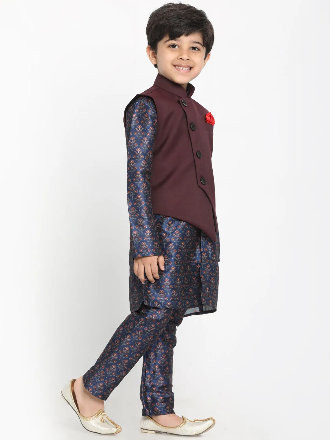 Boy's Multicolor-Base-Blue Silk Blend Jacket, Kurta And Pyjama Set - JBN Creation