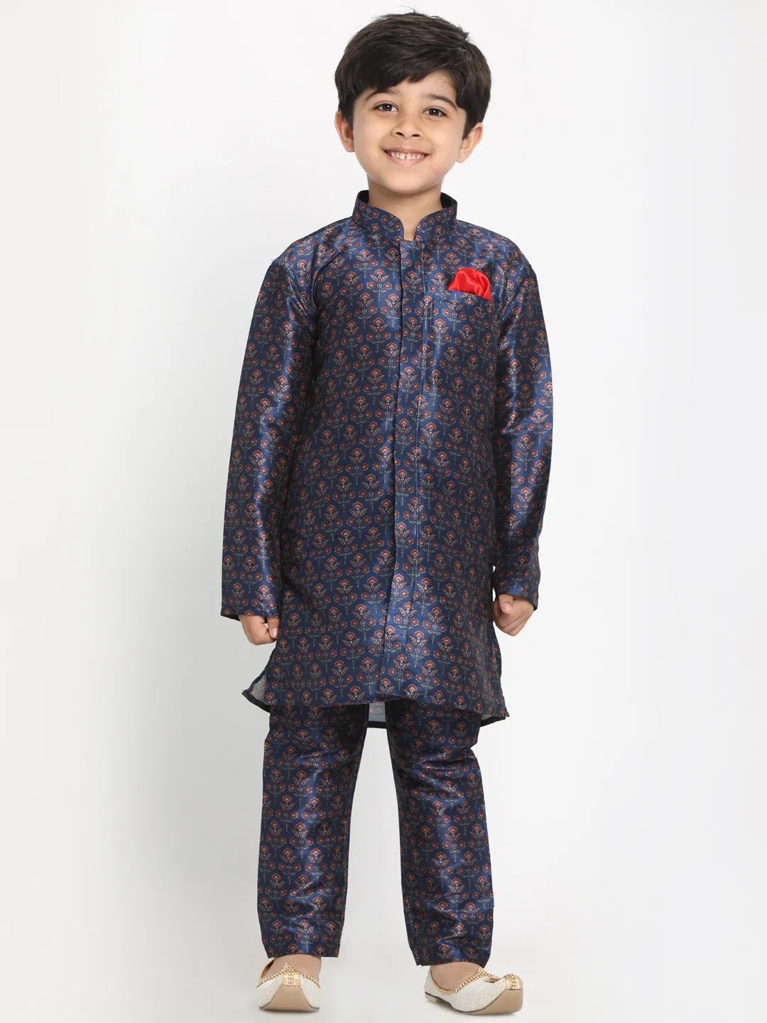 Boy's Multicolor-Base-Blue Silk Blend Jacket, Kurta And Pyjama Set - JBN Creation