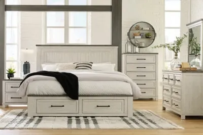 Brewgan King Panel Storage Bed with Mirrored Dresser, Chest and 2 Nightstands