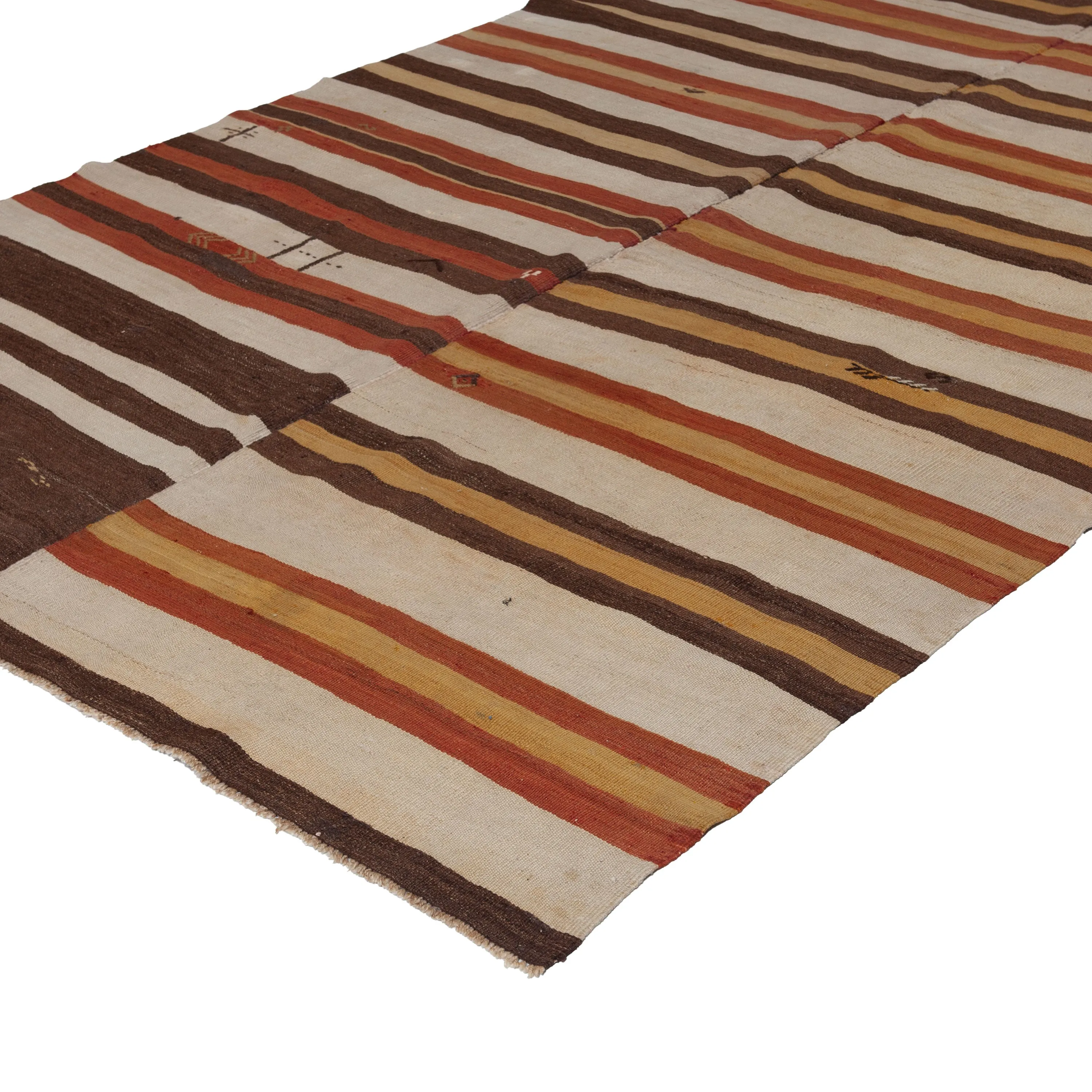 Brown & Yelllow Stripe Vintage Flatweave Anatolian Wool Rug - 5'8" x 11'8"