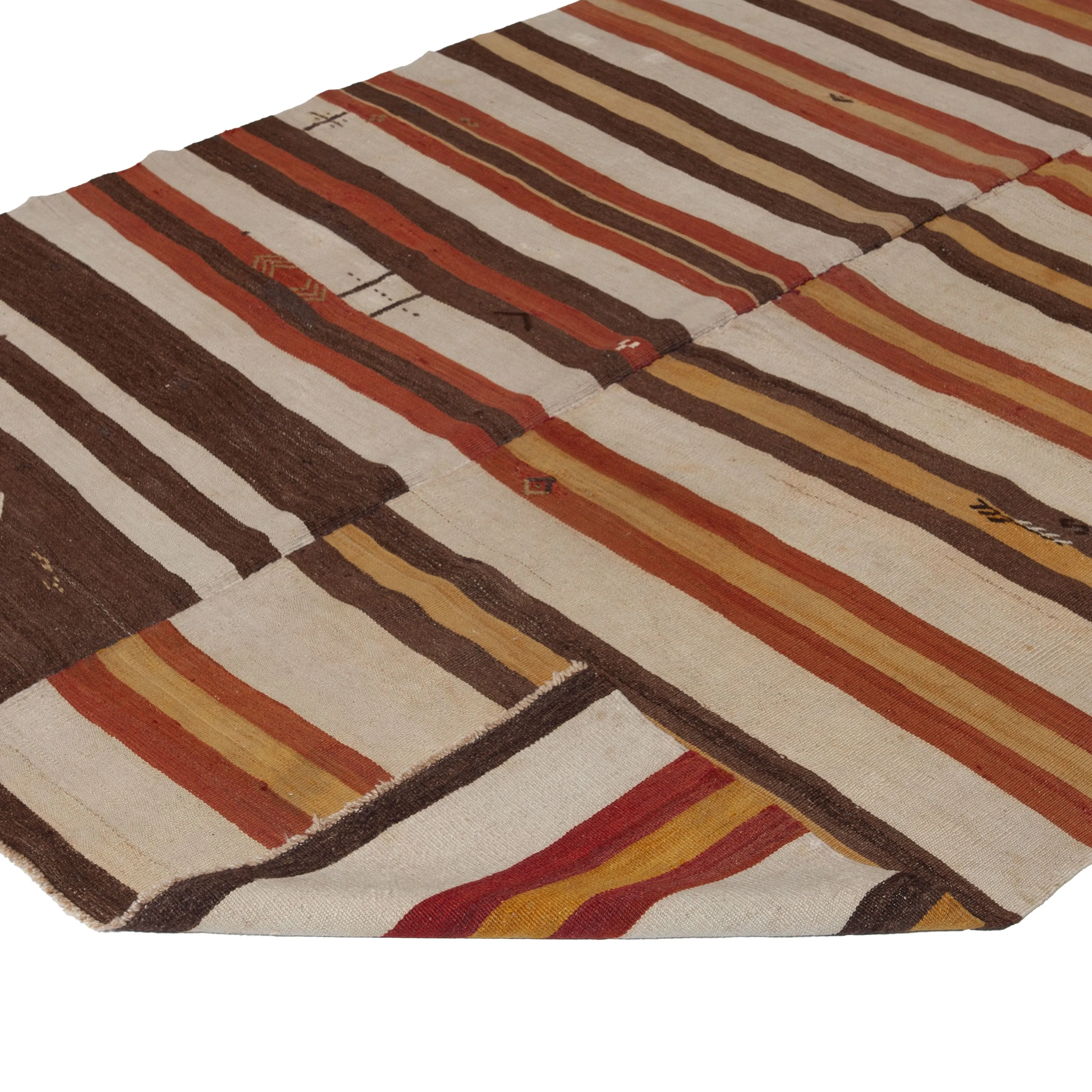 Brown & Yelllow Stripe Vintage Flatweave Anatolian Wool Rug - 5'8" x 11'8"