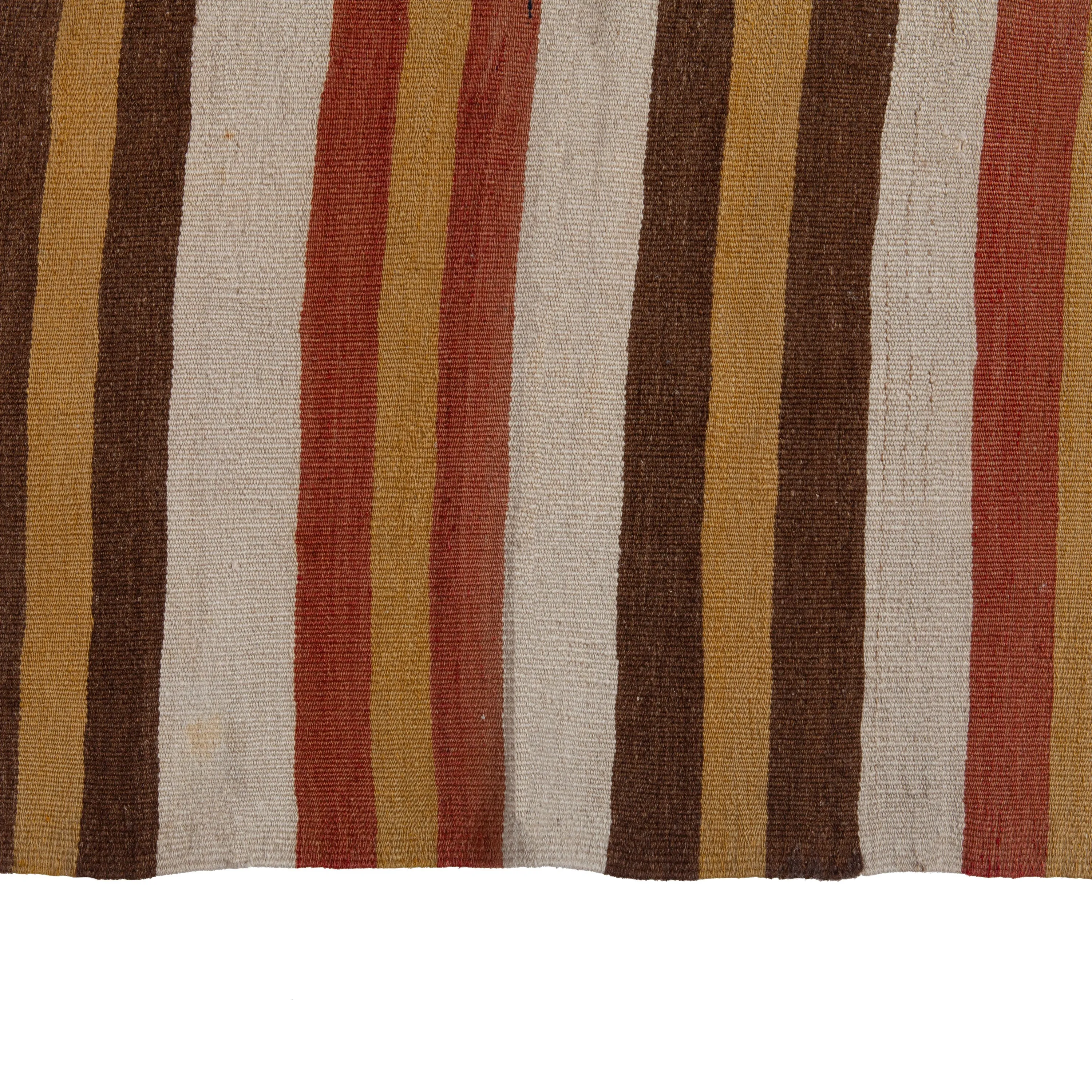 Brown & Yelllow Stripe Vintage Flatweave Anatolian Wool Rug - 5'8" x 11'8"