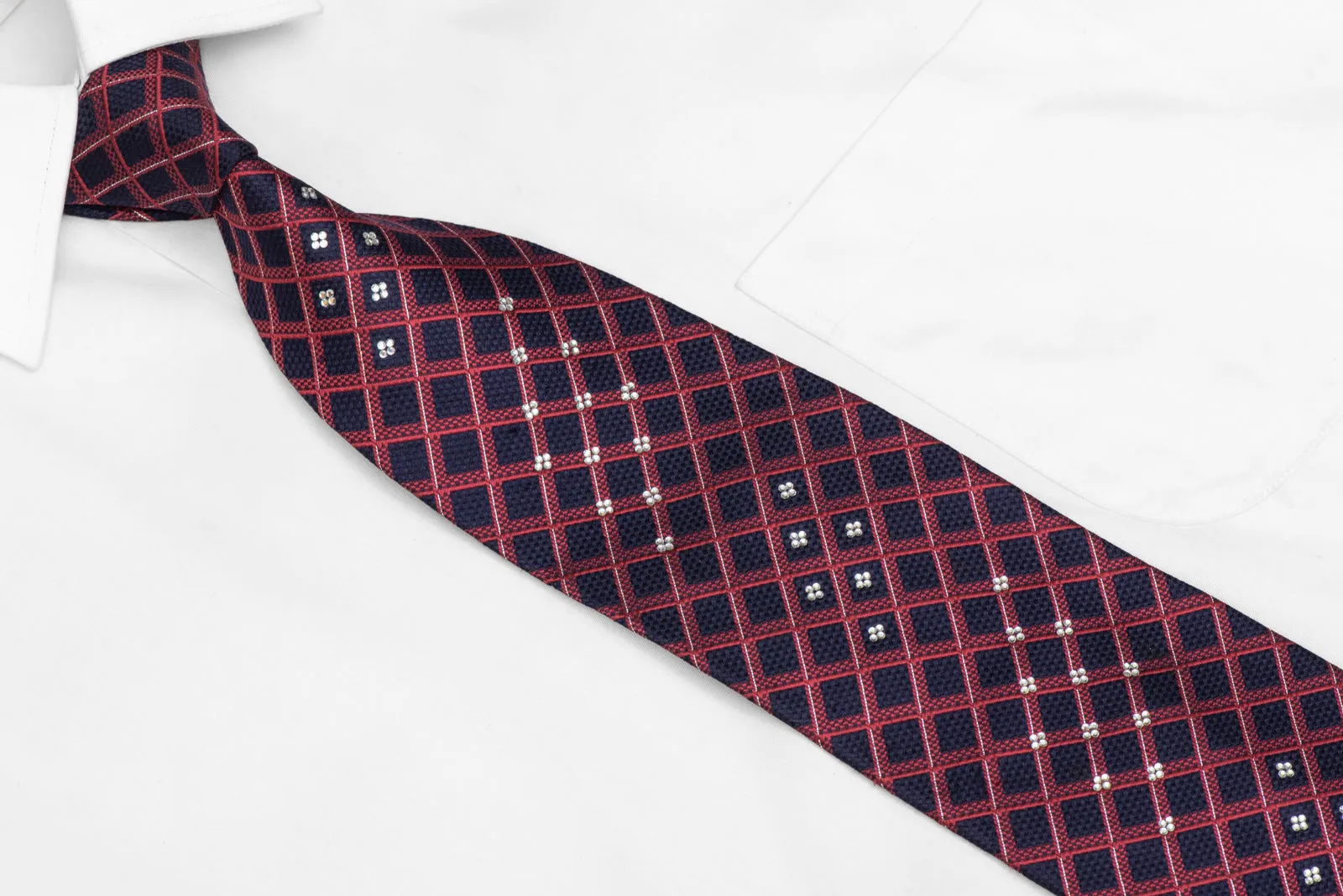 Burgundy Striped On Navy Blue Rhinestone Silk Necktie With Sparkles