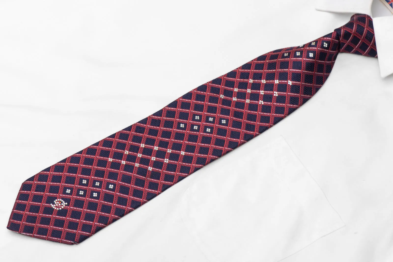 Burgundy Striped On Navy Blue Rhinestone Silk Necktie With Sparkles