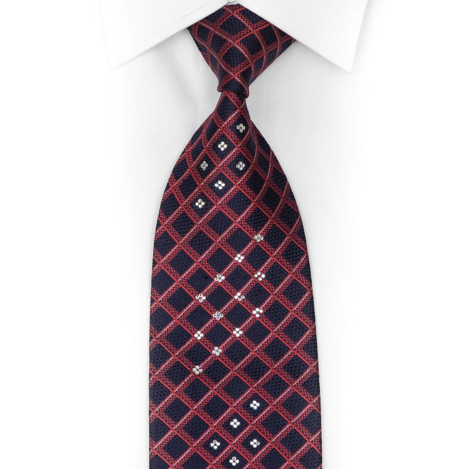 Burgundy Striped On Navy Blue Rhinestone Silk Necktie With Sparkles