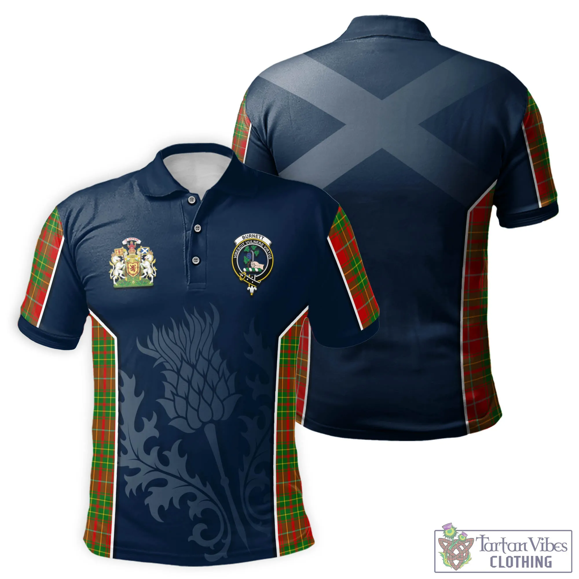 Burnett Tartan Men's Polo Shirt with Family Crest and Scottish Thistle Vibes Sport Style