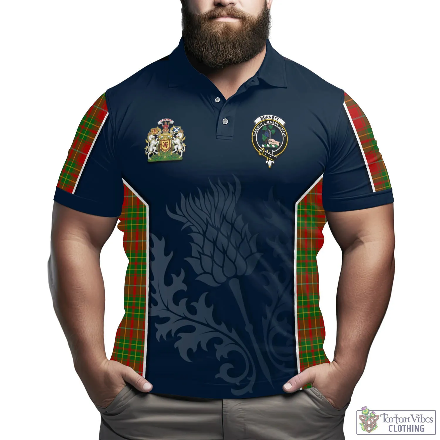 Burnett Tartan Men's Polo Shirt with Family Crest and Scottish Thistle Vibes Sport Style