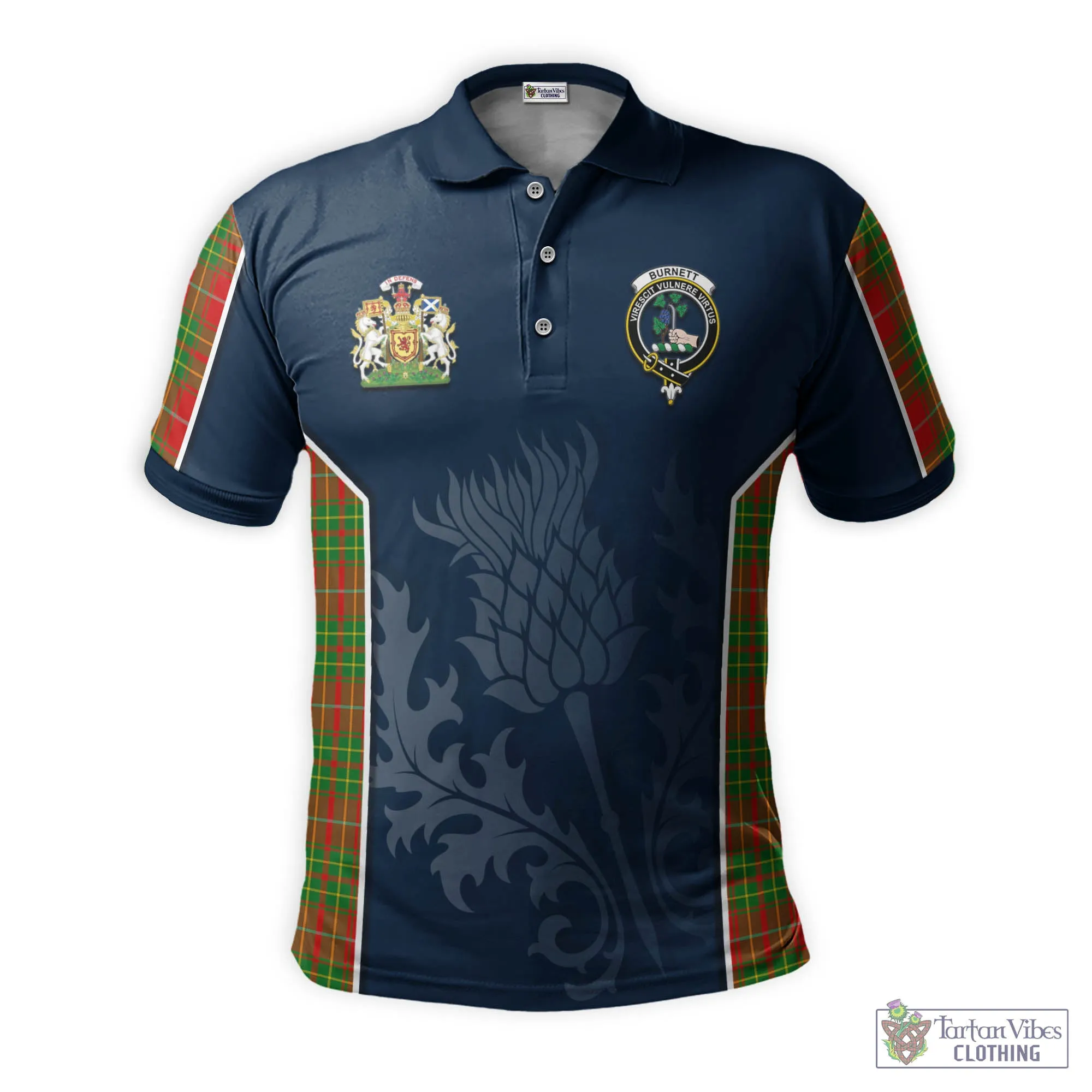 Burnett Tartan Men's Polo Shirt with Family Crest and Scottish Thistle Vibes Sport Style