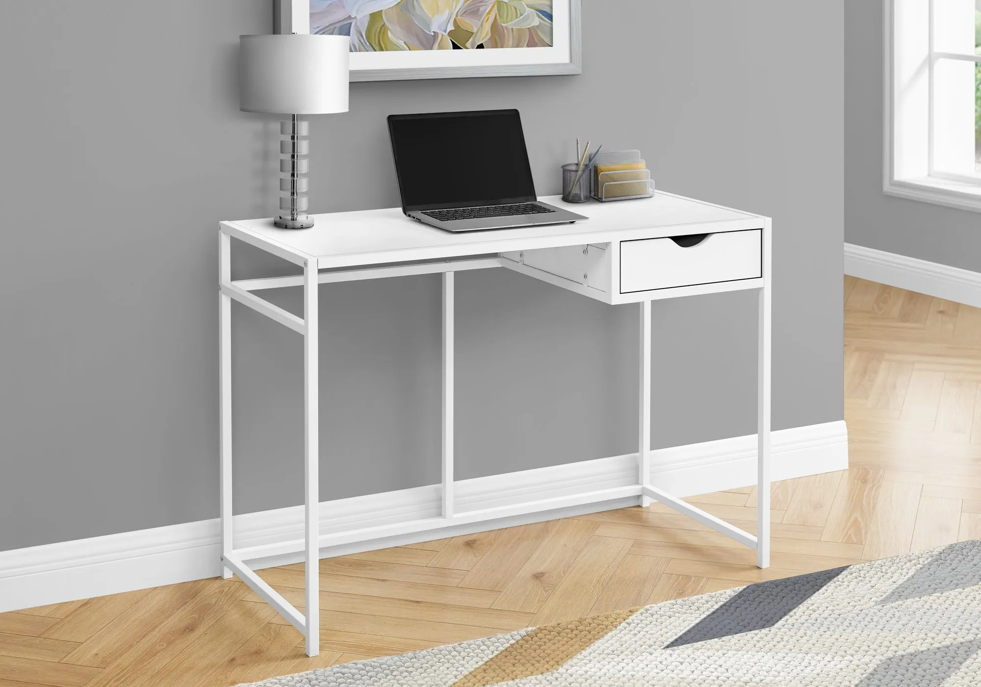 Computer Desk, Home Office, Laptop, Storage Drawer, 42"l, Work, White Laminate, White Metal, Contemporary, Modern