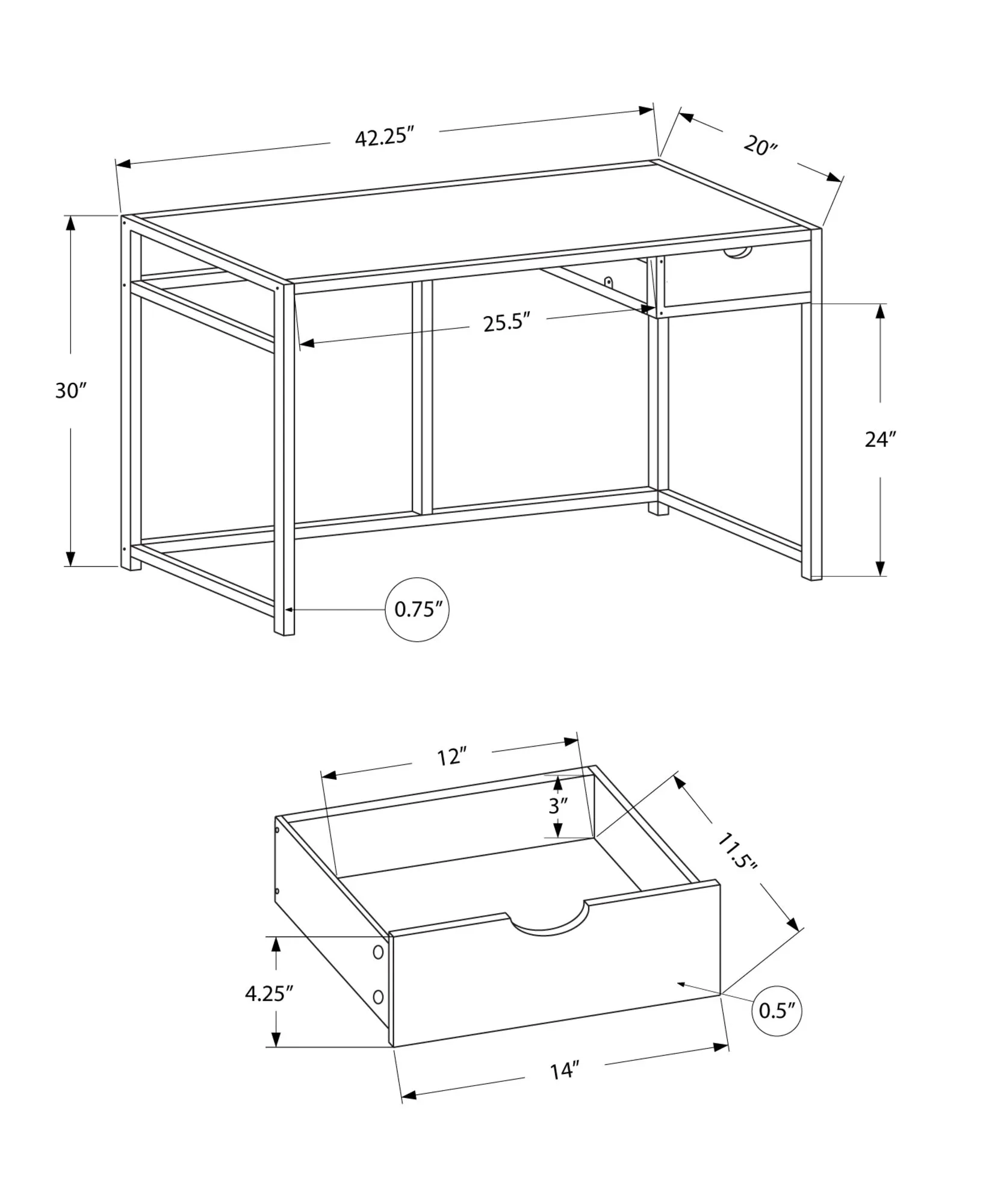 Computer Desk, Home Office, Laptop, Storage Drawer, 42"l, Work, White Laminate, White Metal, Contemporary, Modern