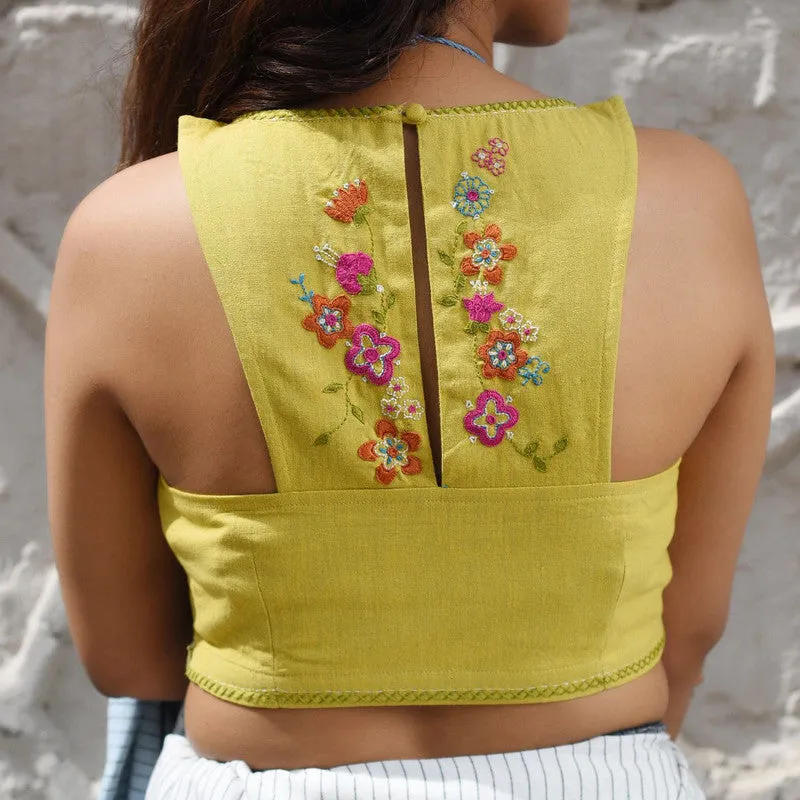 Cotton Embroidered Blouse | Sleeveless | Round Neckline | Mustard