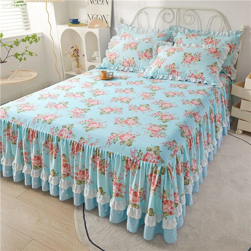 Cotton Lace Bed Skirt with Non-slip Bedspread for King Size Beds