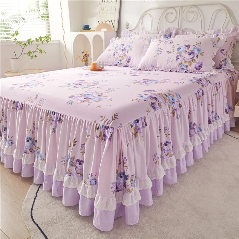 Cotton Lace Bed Skirt with Non-slip Bedspread for King Size Beds