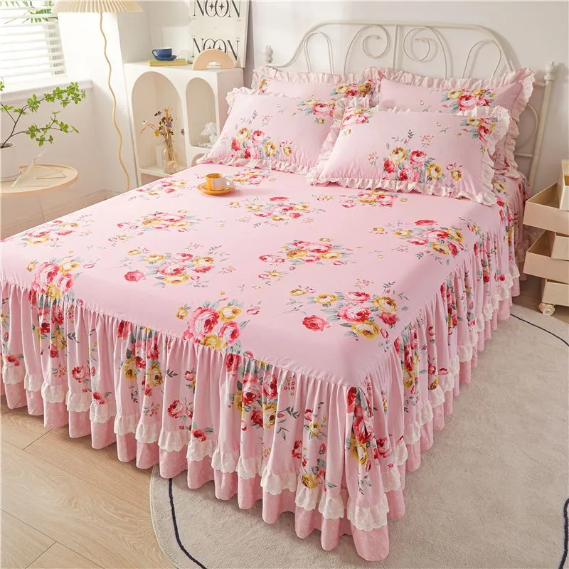 Cotton Lace Bed Skirt with Non-slip Bedspread for King Size Beds