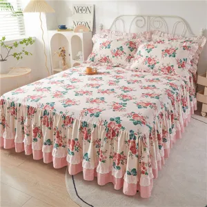 Cotton Lace Bed Skirt with Non-slip Bedspread for King Size Beds