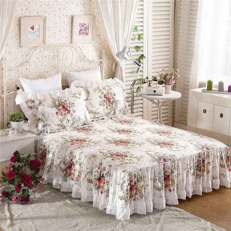 Cotton Lace Bed Skirt with Non-slip Bedspread for King Size Beds