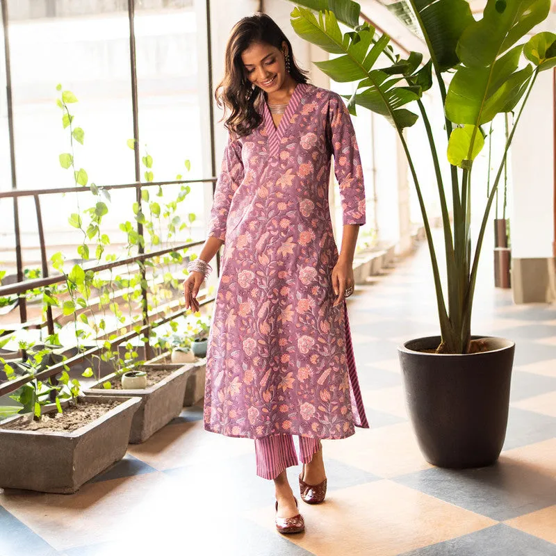 Cotton Printed Kurta Set | Purple | Straight Fit