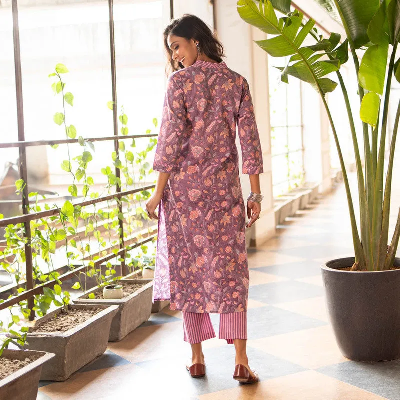 Cotton Printed Kurta Set | Purple | Straight Fit