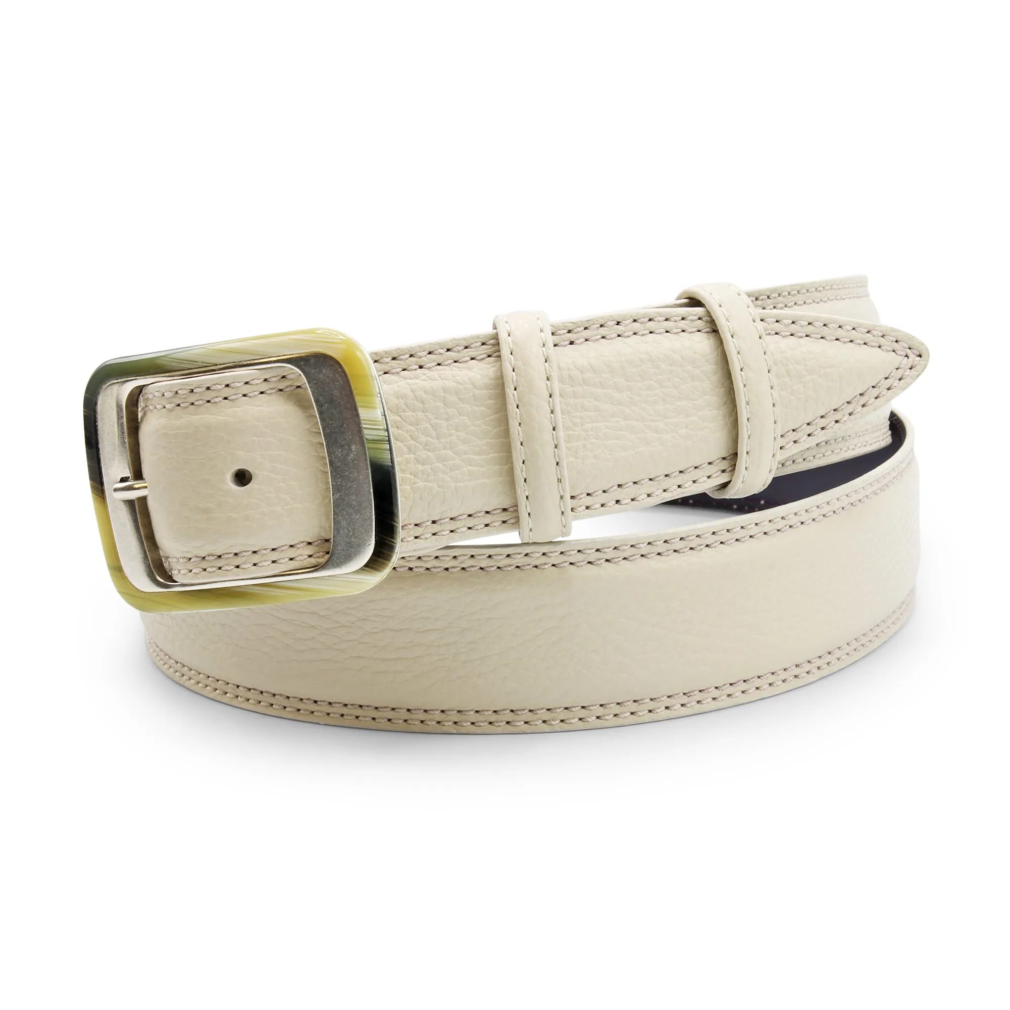 Cream Tumbled Leather Horn Prong Belt