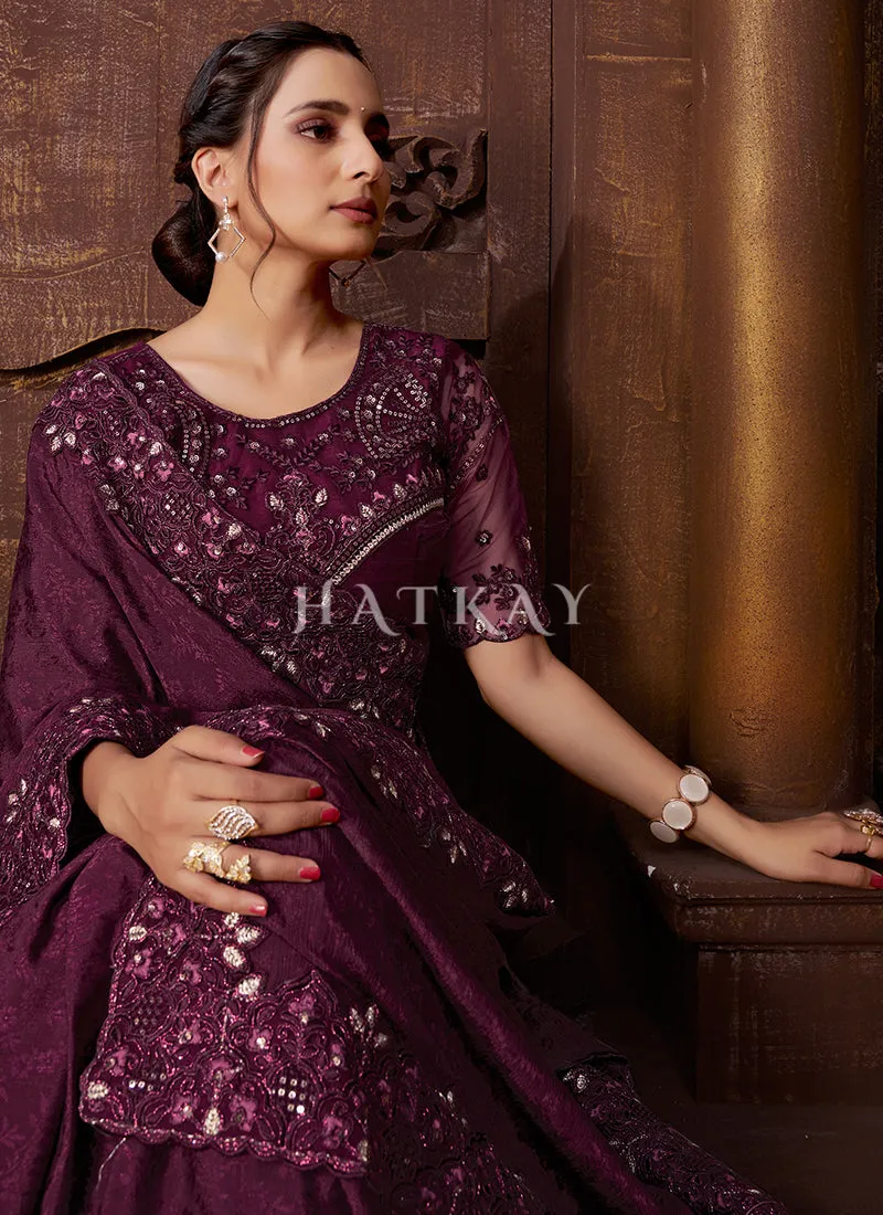 Deep Purple Embroidered Wedding Wear Indian Saree