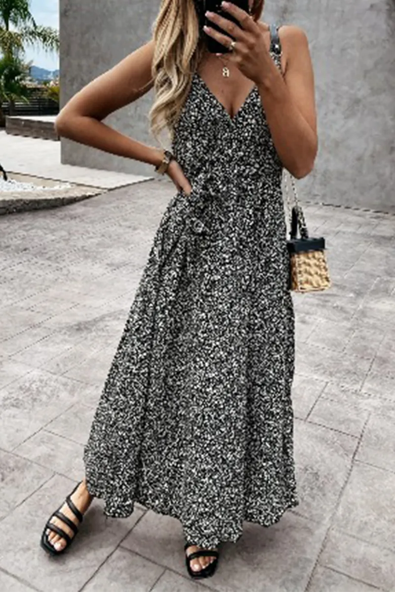 Dunnmall Elegant Print Frenulum V Neck A Line Maxi Dresses