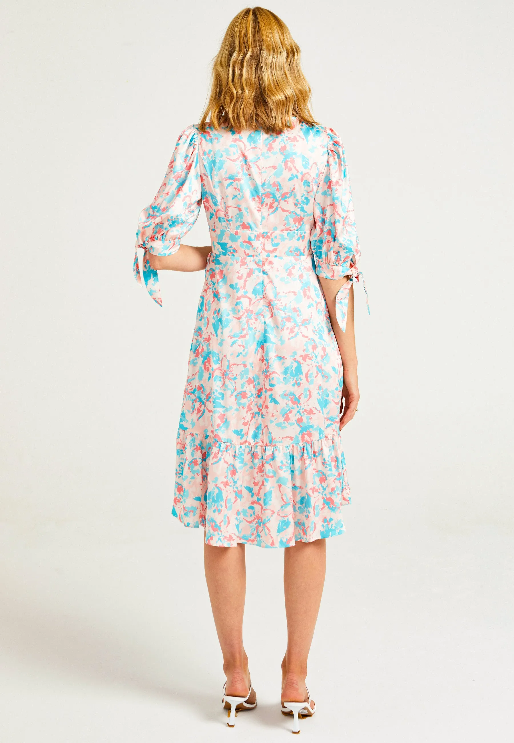 Faux Wrap Midi Dress in Peach Pink Floral Print