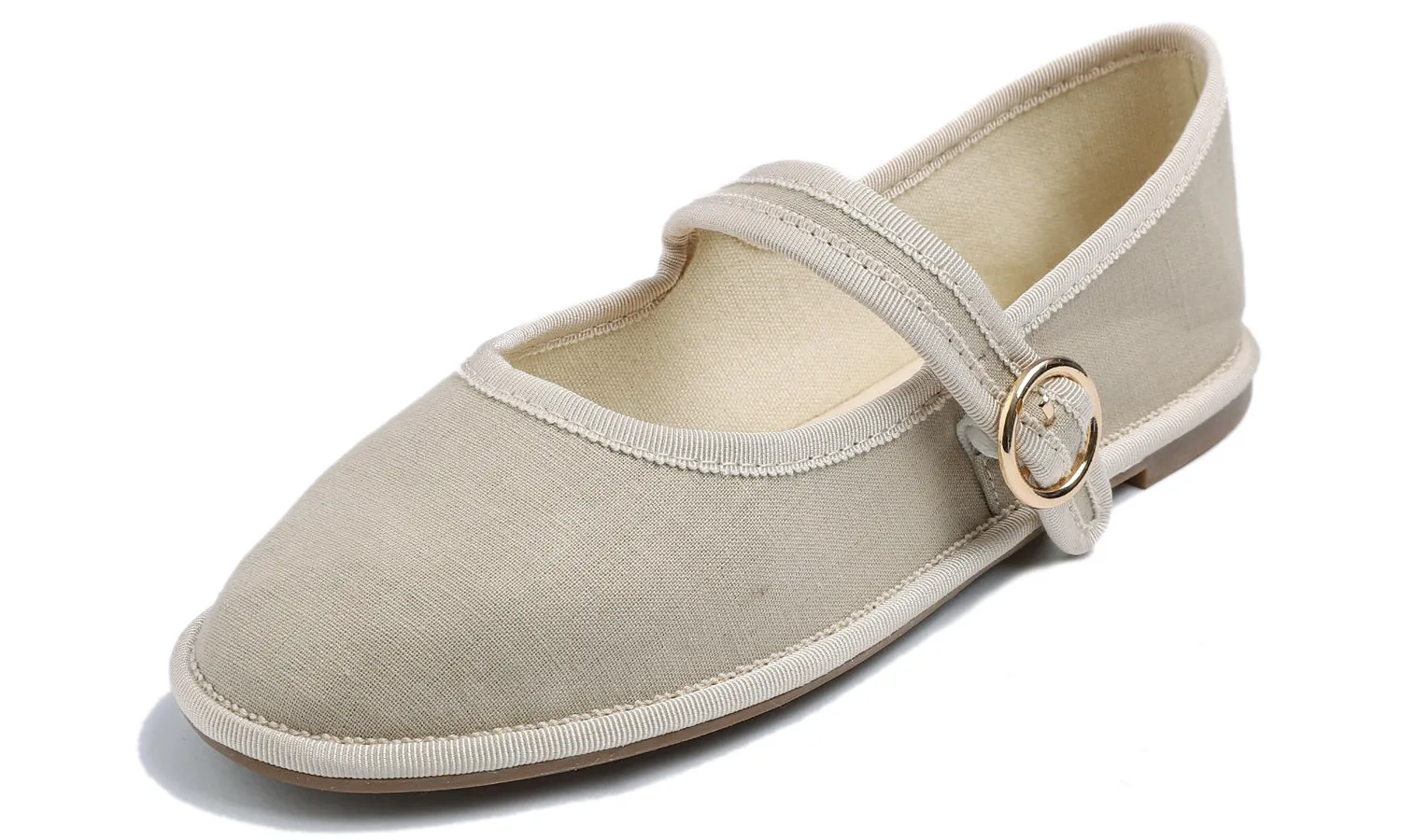 Feversole Women's Soft Breathable Mary Jane Memory Foam Cushioned Comfort Round Toe Metal Buckle Flats Walking Shoes Beige Canvas