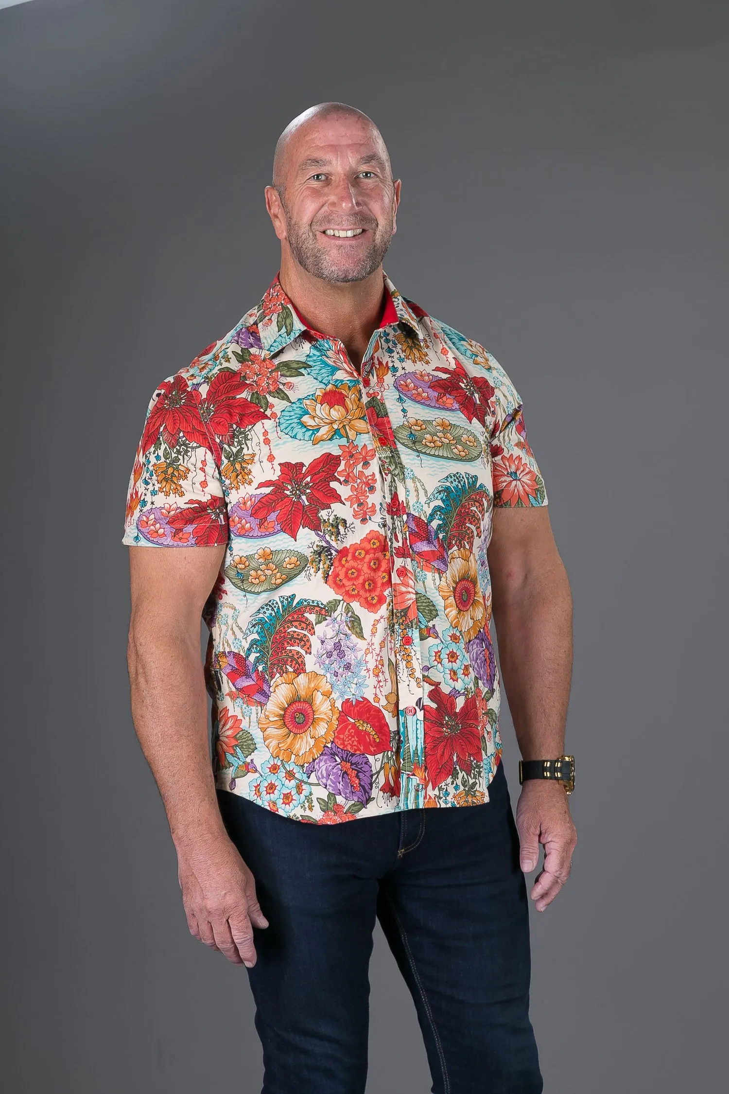 Floral Print Cotton Slim and Regular Fit Mens Hawaiian Shirt Short Sleeve