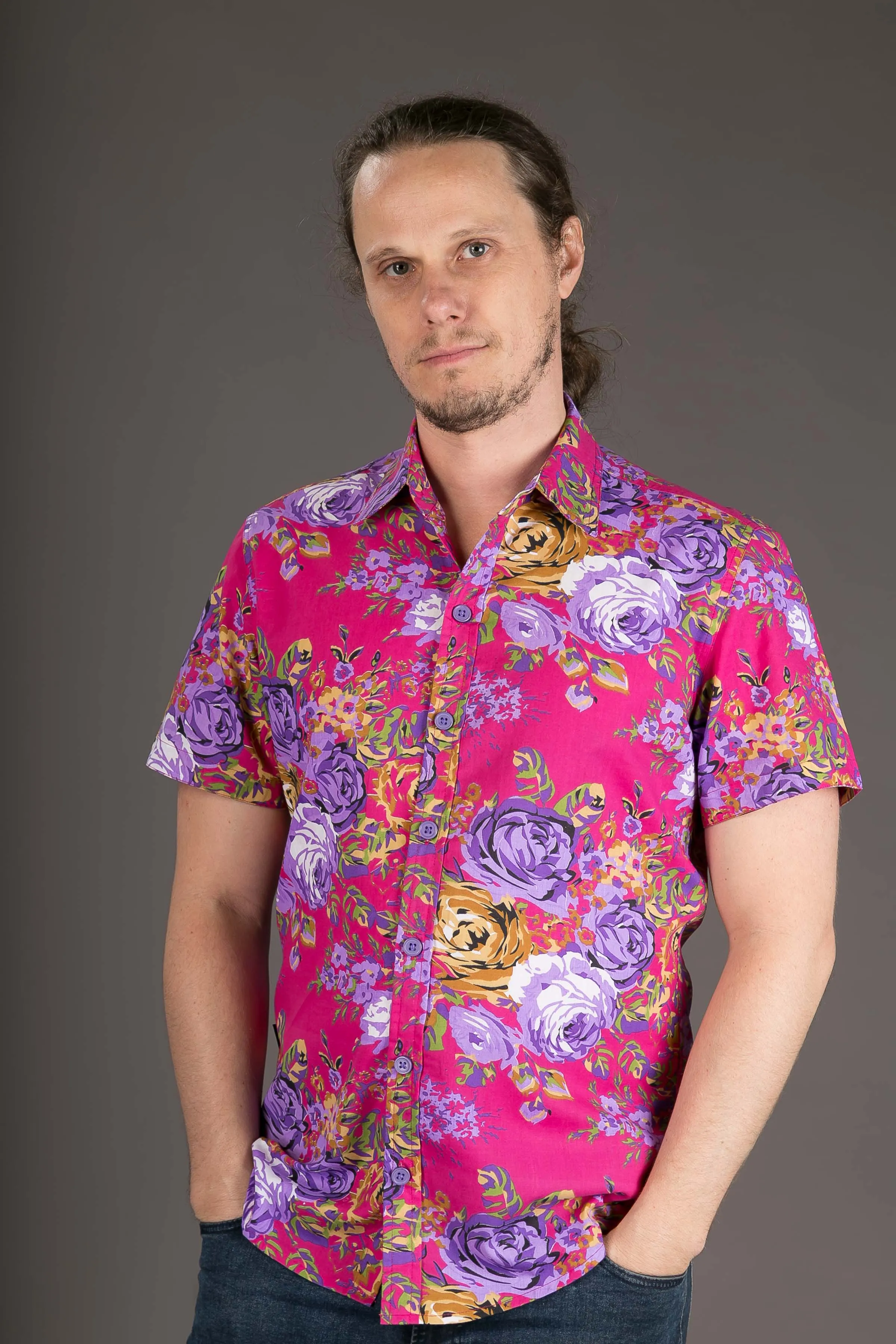 Floral Print Cotton Slim Fit Mens Shirt Short Sleeve