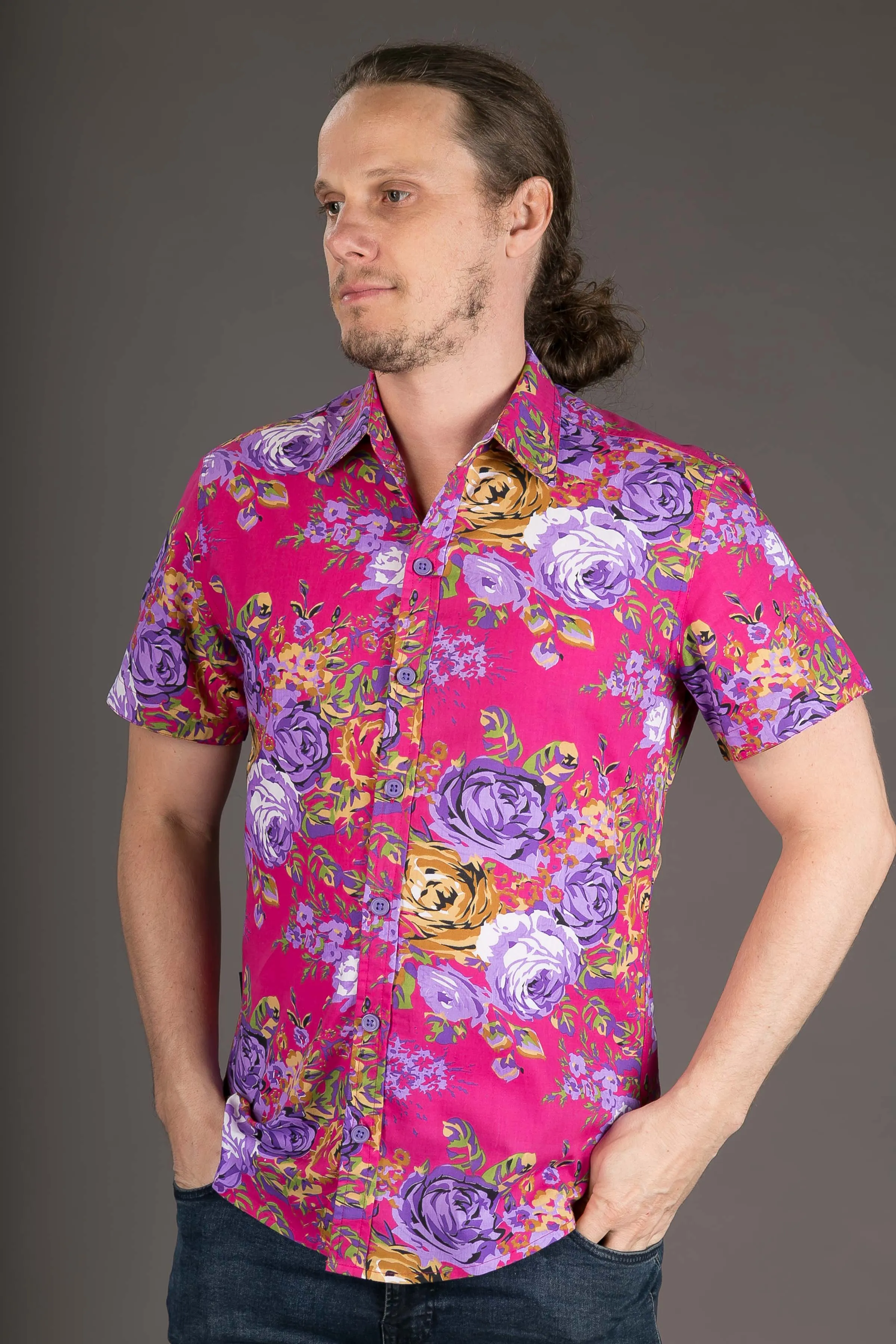 Floral Print Cotton Slim Fit Mens Shirt Short Sleeve