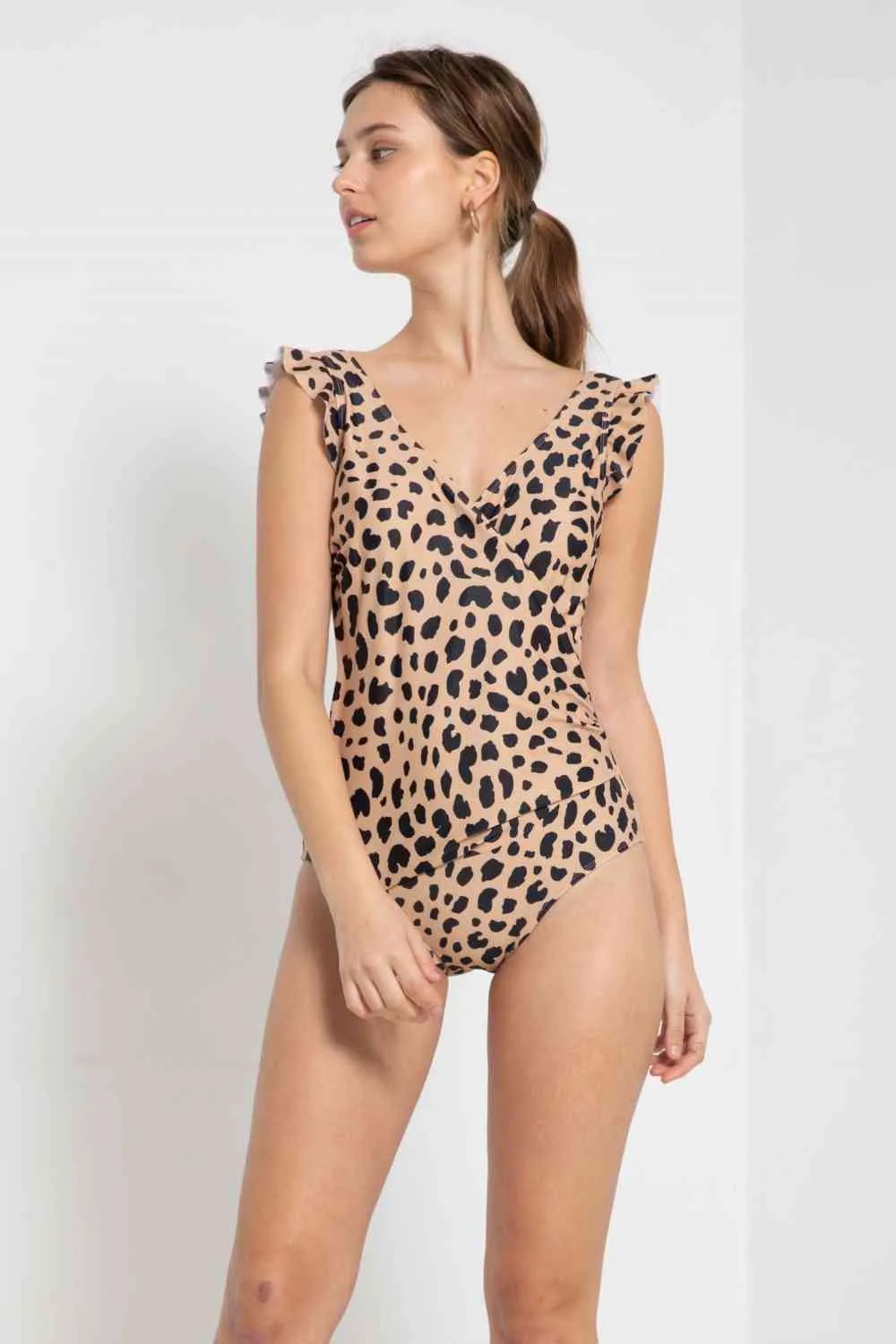 Full Size Float On Ruffle Faux Wrap One-Piece in Leopard