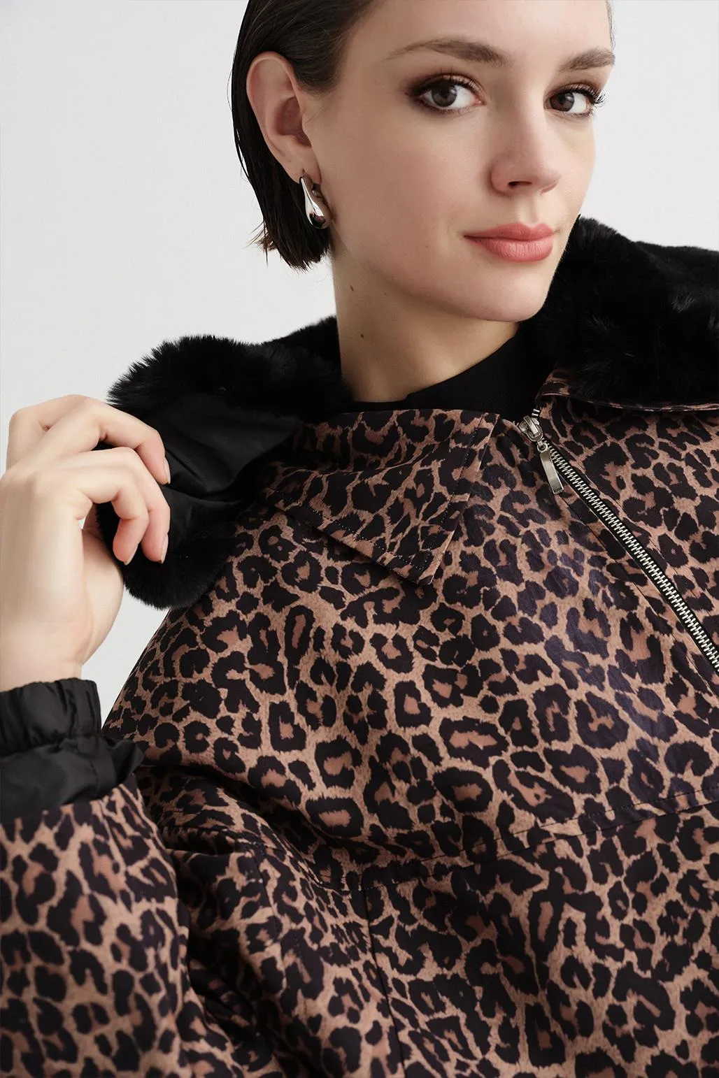 Fur Collar Oversize Bomber Jacket Leopard