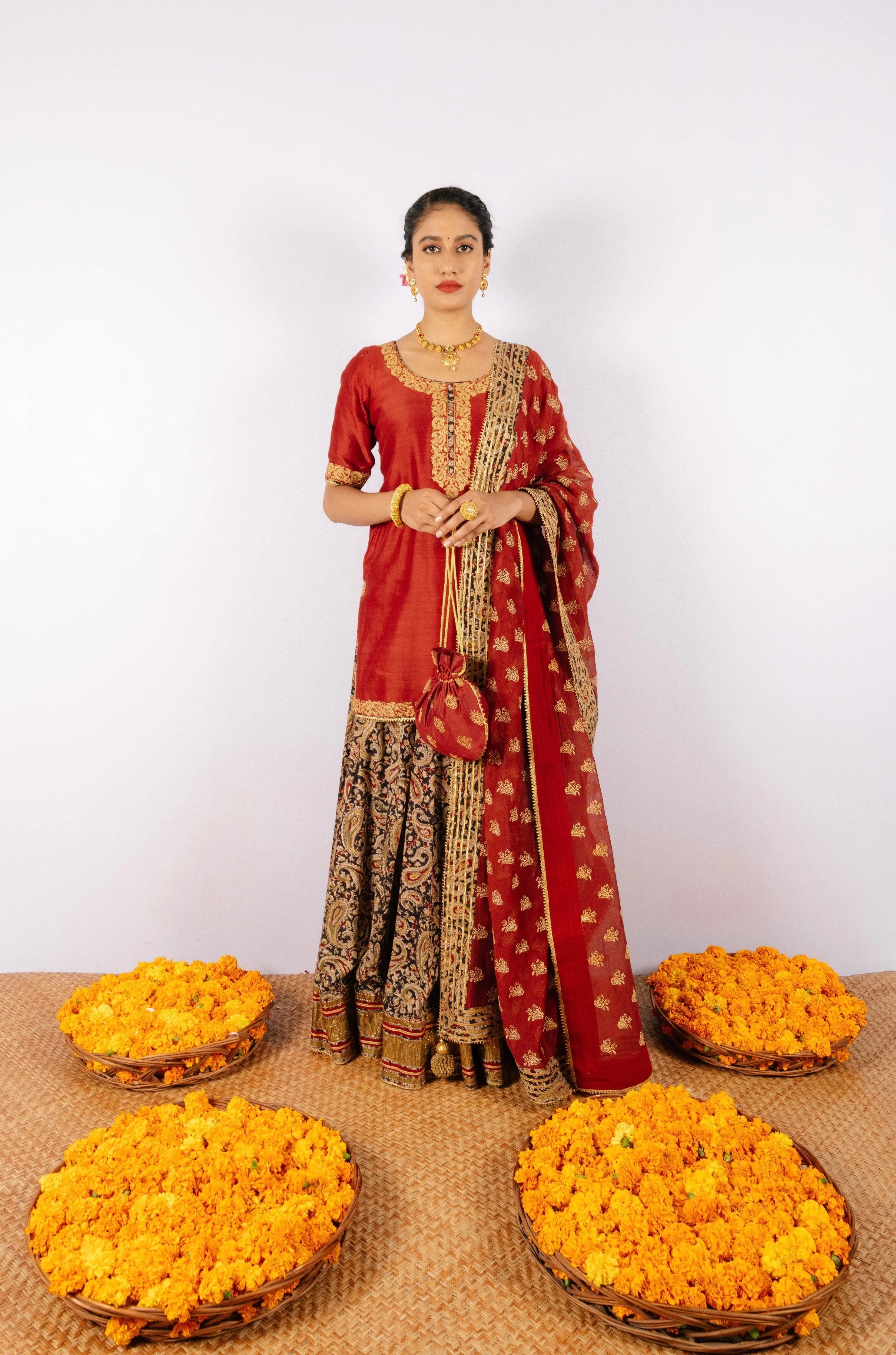 Ghera Maroon Kalamkari Lehenga Set