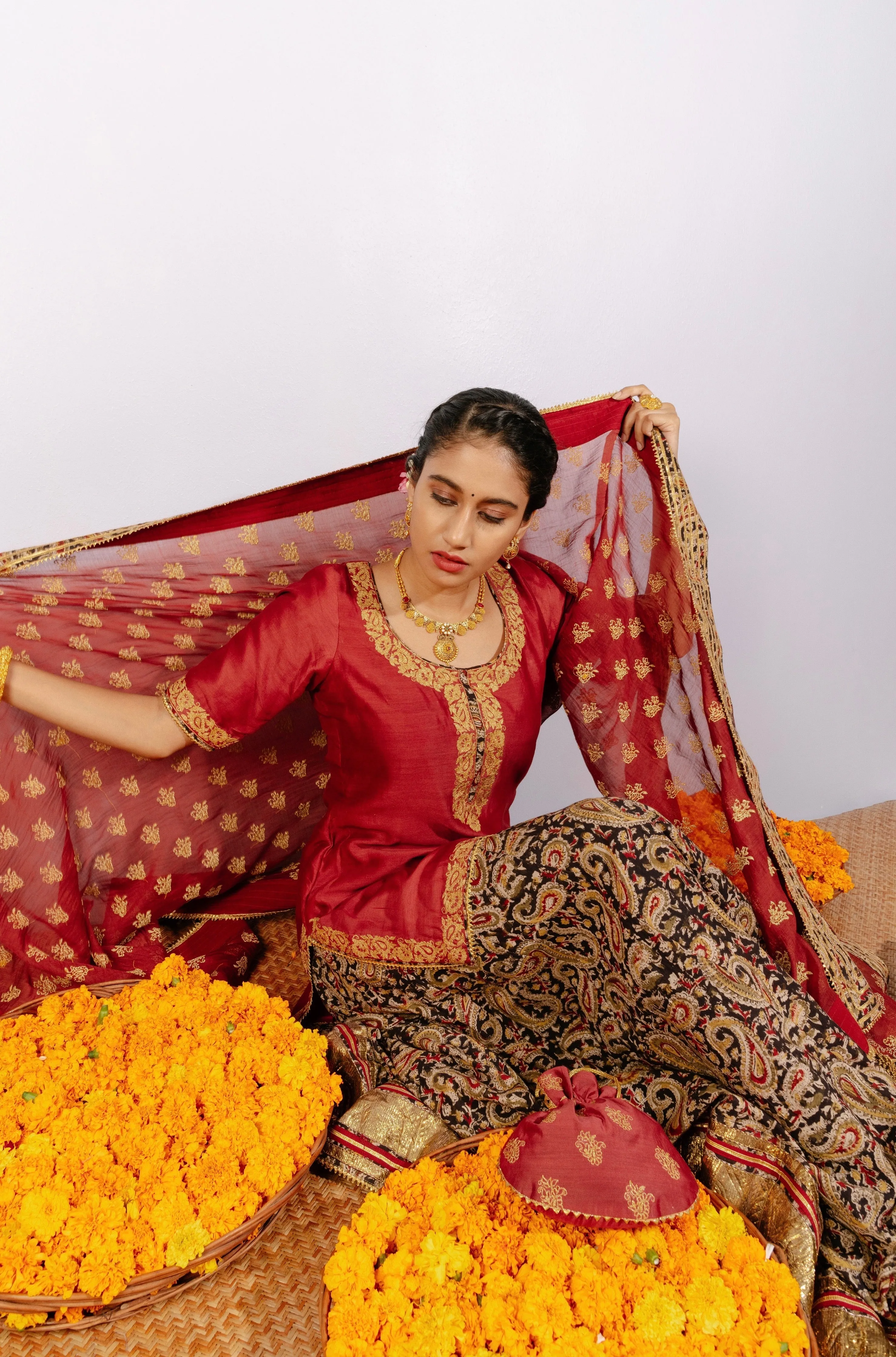 Ghera Maroon Kalamkari Lehenga Set