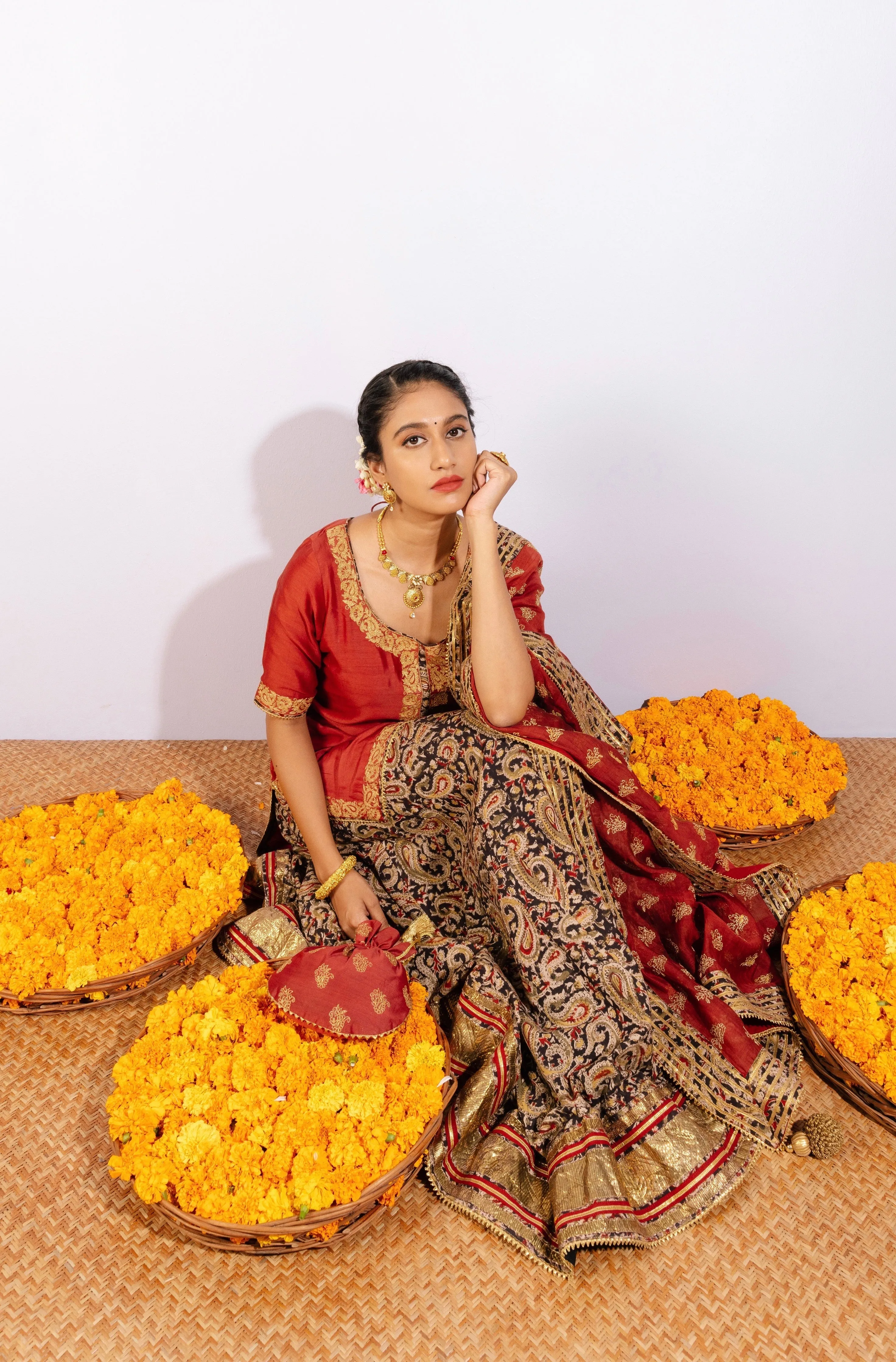 Ghera Maroon Kalamkari Lehenga Set