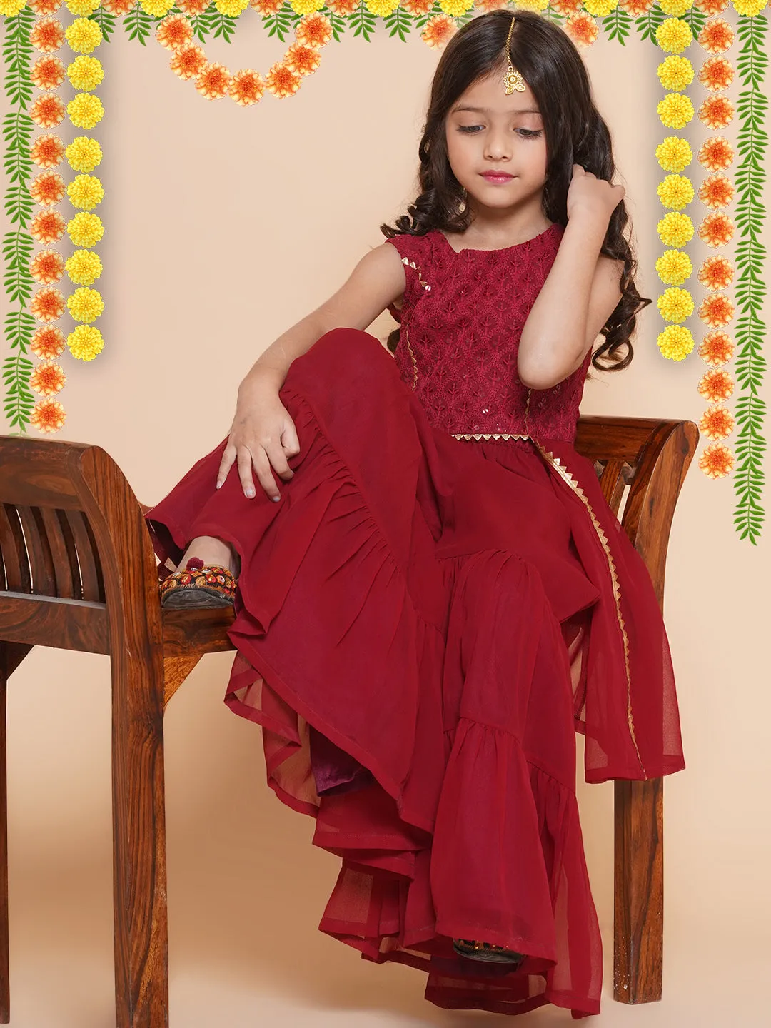 Girls Burgandy Self Design Poly Georgette Straight Kurta With Sharara