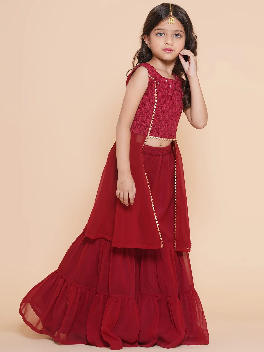 Girls Burgandy Self Design Poly Georgette Straight Kurta With Sharara