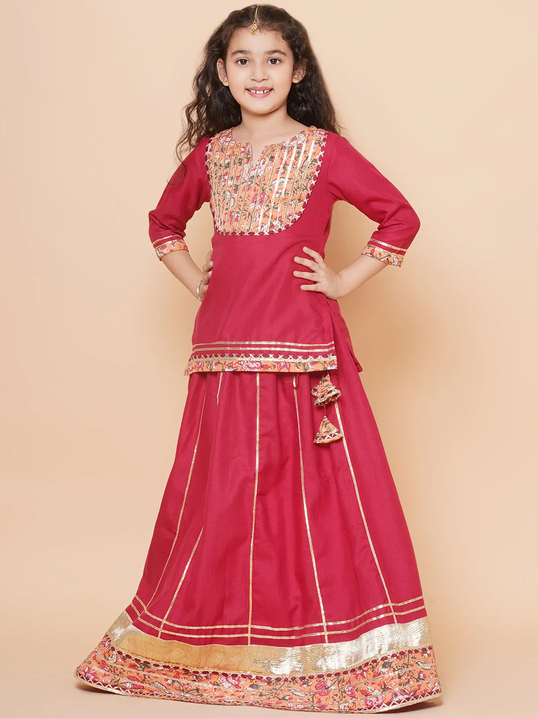 Girls Maroon & Peach Lace work kurti Ready to wear Lehenga with Dupatta