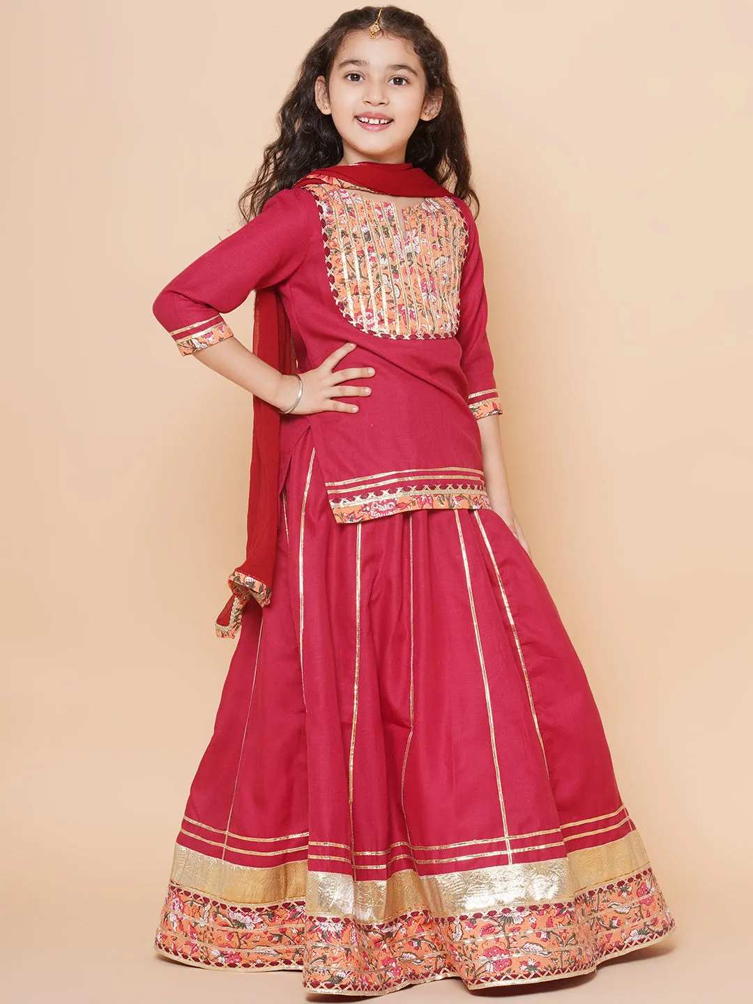 Girls Maroon & Peach Lace work kurti Ready to wear Lehenga with Dupatta