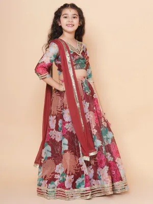 Girls Maroon Digital Multi Flower Printed Choli Lehenga with Maroon Dupatta