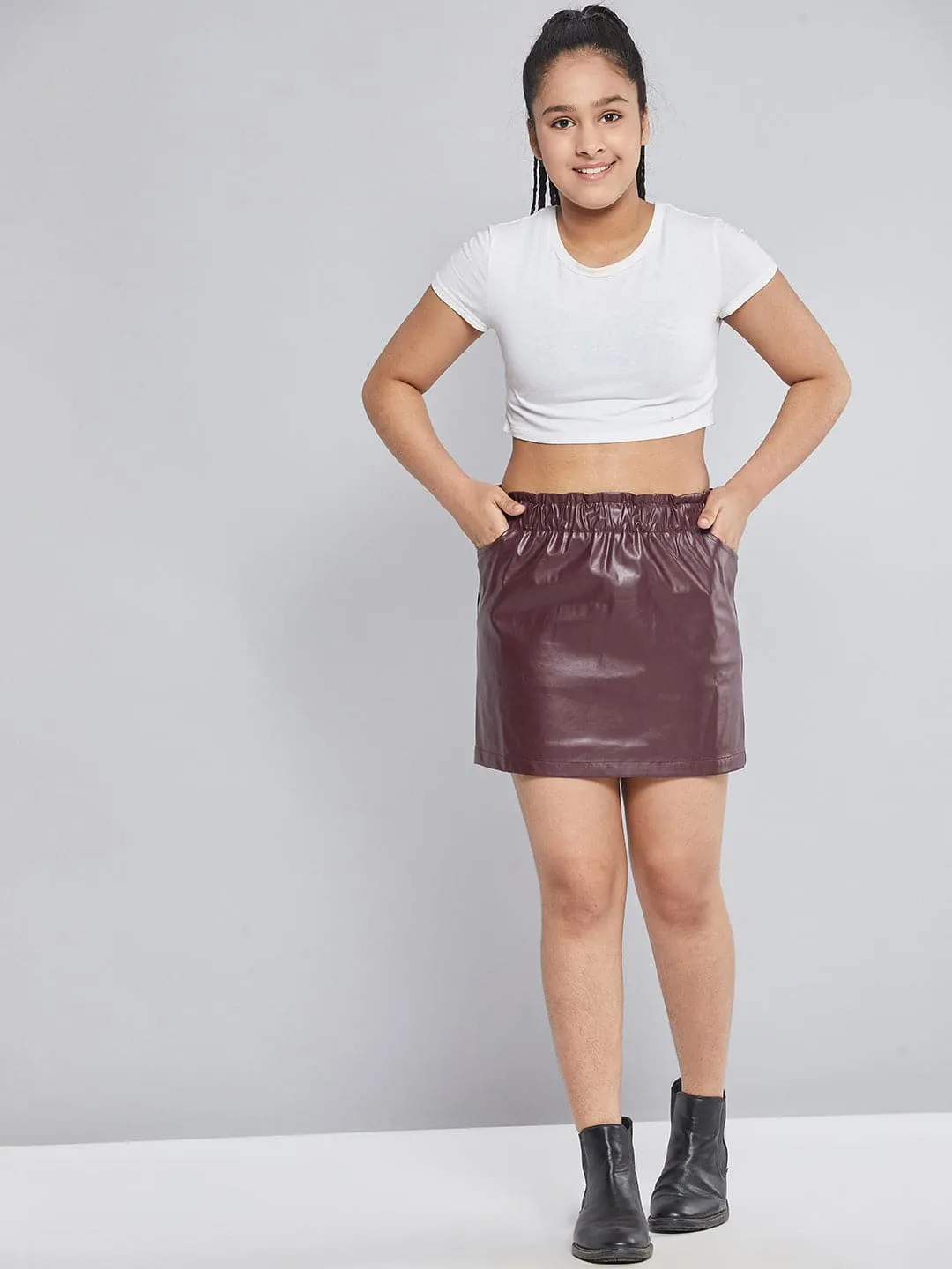 Girls Maroon Paperbag Waist Pu Skirt - Lyush Kids