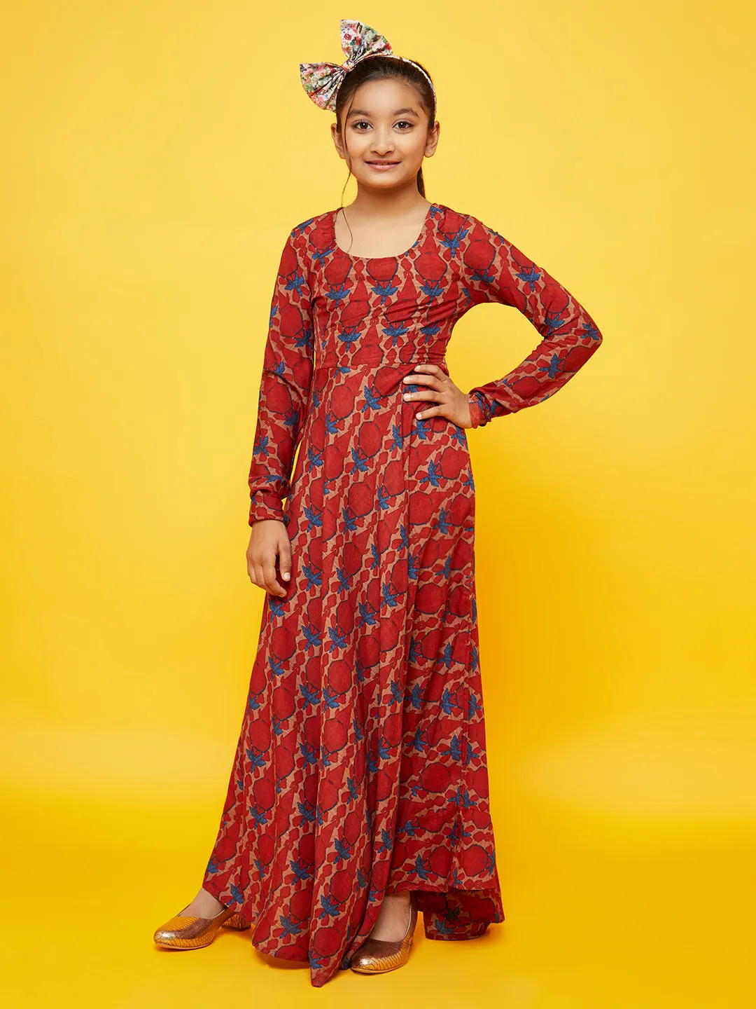 Girl's Maroon Printed Flared Maxi Dress - Aks Girls