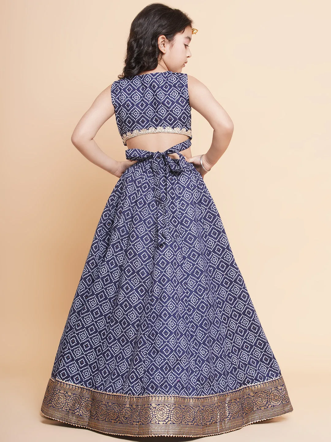 Girls Navy Bandhej Printed Lace Work Ready To Wear Choli With Lehenga