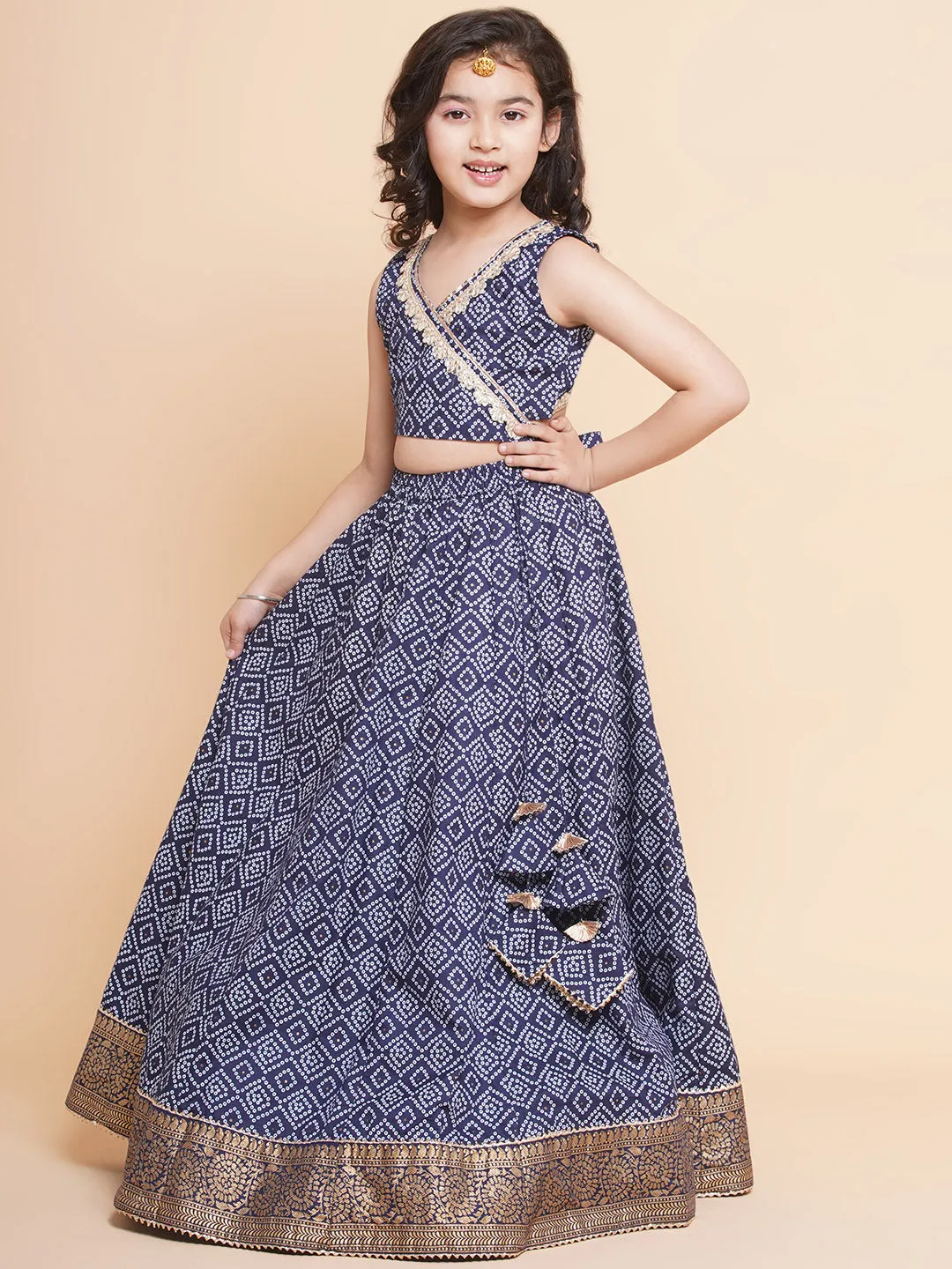 Girls Navy Bandhej Printed Lace Work Ready To Wear Choli With Lehenga