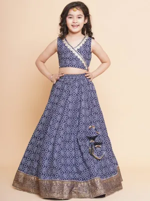 Girls Navy Bandhej Printed Lace Work Ready To Wear Choli With Lehenga