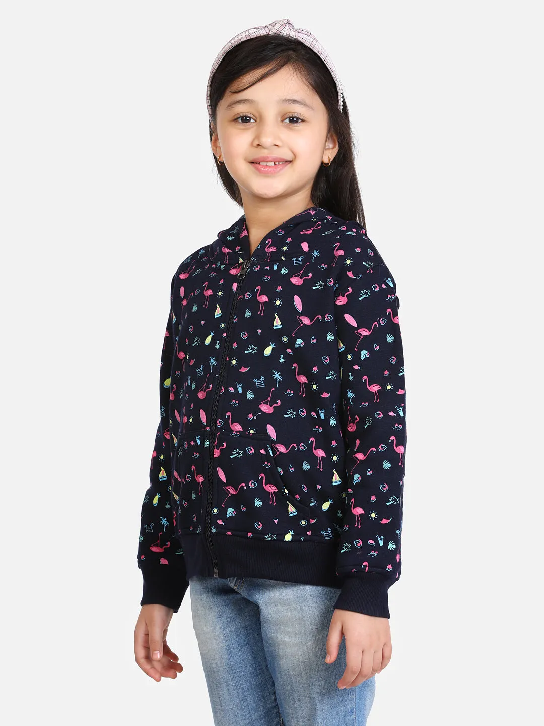 Girl's  Navy Flamingo Printed Jacket With Hoodie - StyleStone Kid