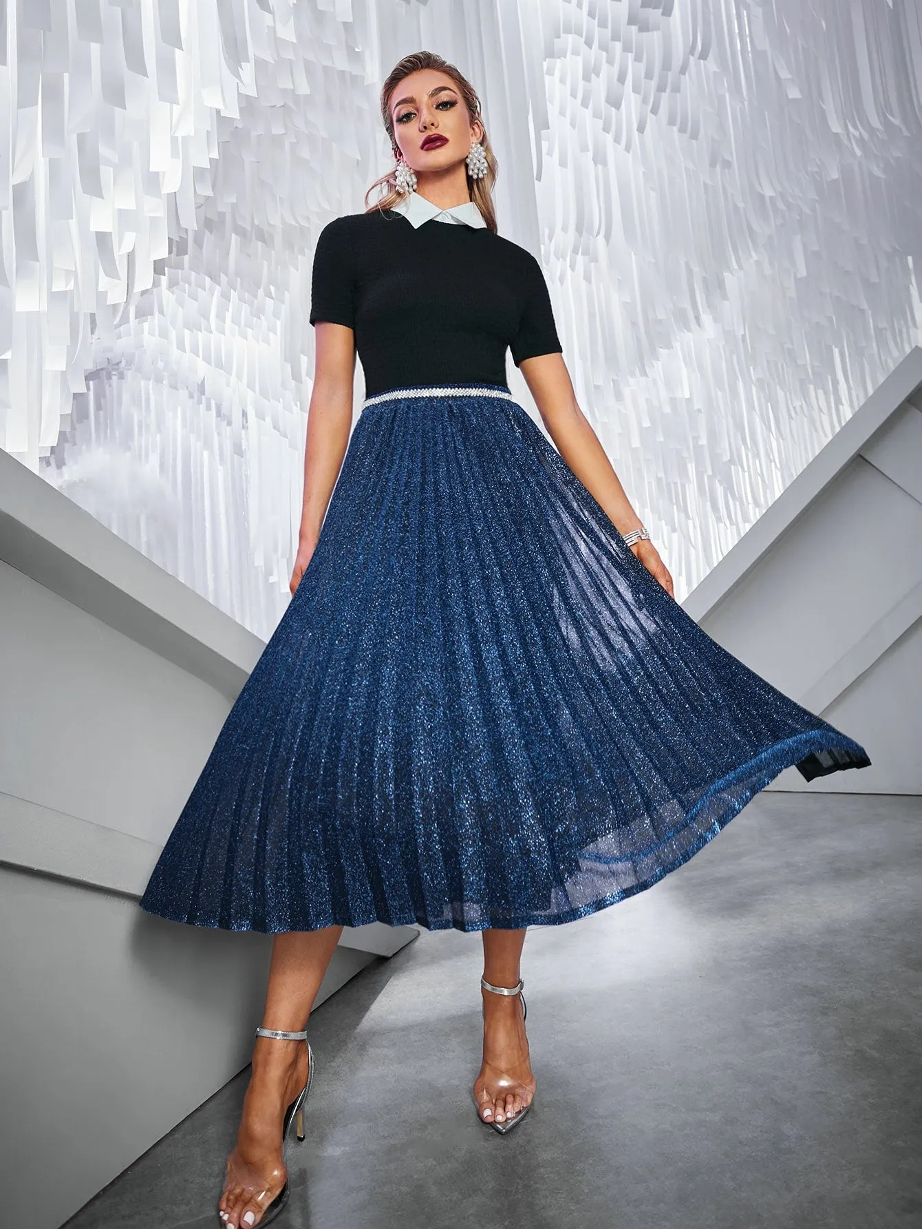 Glamorous Plain Rhinestone High Waist Long Women Skirt