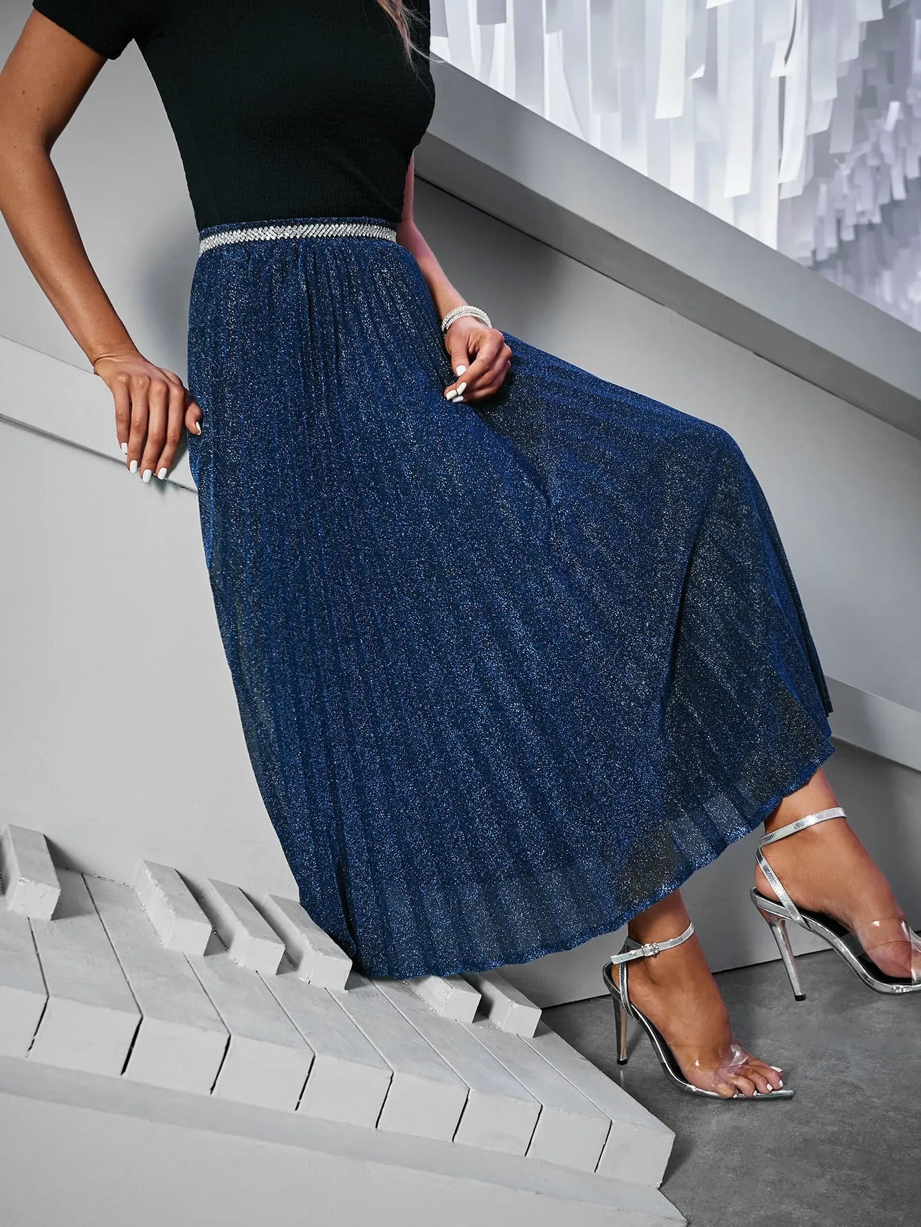 Glamorous Plain Rhinestone High Waist Long Women Skirt