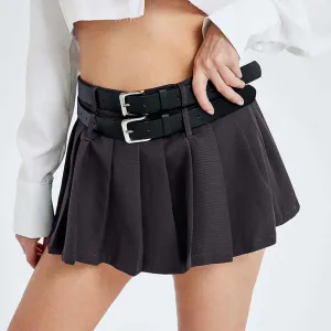 Glow Chic's Double Belt Pleated Skirt With Lining