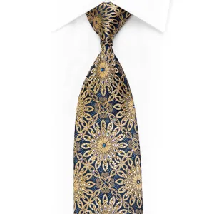 Gold Arabesque On Navy Rhinestone Silk Necktie With Silver Sparkles